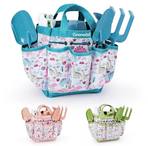 Grenebo-Gartenspielzeug für Kinder, inklusive Metallkelle, Pflanzschaufel, Gartenhut, Rechen, Schürze, Handschuhe, Gießkanne und Werkzeugtasche (blau)