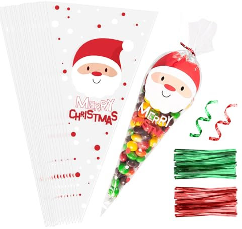 OWill 100 Stück Plätzchentüten Weihnachten,25x13cm Spitztüten transparent,tüten für gebrannte mandeln,Kekstüten weihnachten cellophantüten klein,Weihnachtstüten zum Befüllen für Schokolade,Süßigkeiten
