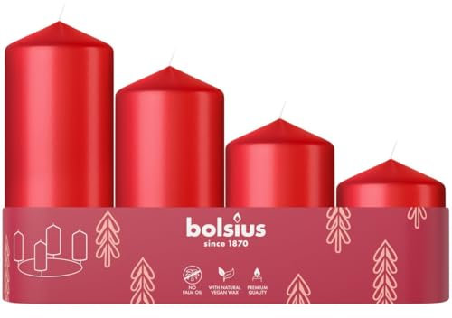 Bolsius Glatte Stumpenkerzen - 4er Set - Adventszeit - Rot - Verschiedene Größen - Dekorative Haushaltskerzen - Lange Brenndauer - Unparfümiert - Mit Natürlichem Pflanzenwachs - Ohne Palmöl - Advent
