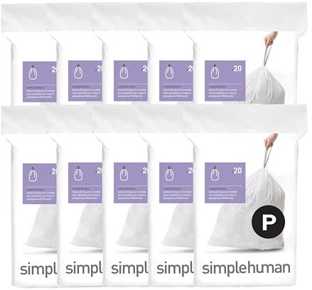 simplehuman Code P 200 Count, Genuine Custom Fit Liners, Drawstring Trash Bags in Dispenser Packs, 50-60 Liter / 13-16 Gallon, White