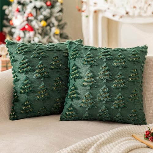 Kissenbezug Weihnachten 2 Stück, Weihnachtsdeko Kissenbezug 45x45 cm, Kissenbezug Winter, Weihnachtsdeko Innen Kissenhülle Weihnachtskissenbezug 45x45 cm für Aesthetic Zimmer Deko (Baum Grün C)