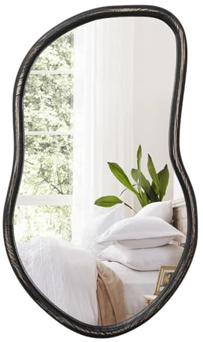 FEUFOAM Spiegel mit Holzrahmen, unregelmäßig, asymmetrisch, Wandspiegel, Bauernhaus, großer Badezimmerspiegel, rustikal, schwarz, Wandspiegel für Wohnzimmer, Schlafzimmer, Eingangsbereich, Flur