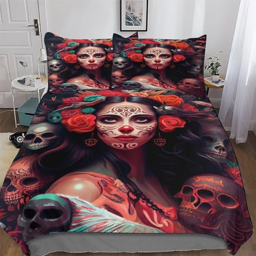 AAPZY Tag der Toten Bettwäsche Weich Atmungsaktiv Bettbezüge Set 3 Teilig Mikrofaser Bettbezug Mit Kissenbezüge Für Kinder Erwachsene Deckenbezug King (220x240cm)