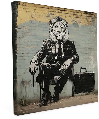 Banksy Leinwand Keilrahmen Geschaeftslöwe 60x60cm - Street Art - Wandbild | Banksy Wandbild auf Leinwand, 60x60cm, Motiv Geschaeftslöwe, Quadratisch, Street Art, 2cm Holzrahmen, matter Kunstdruck