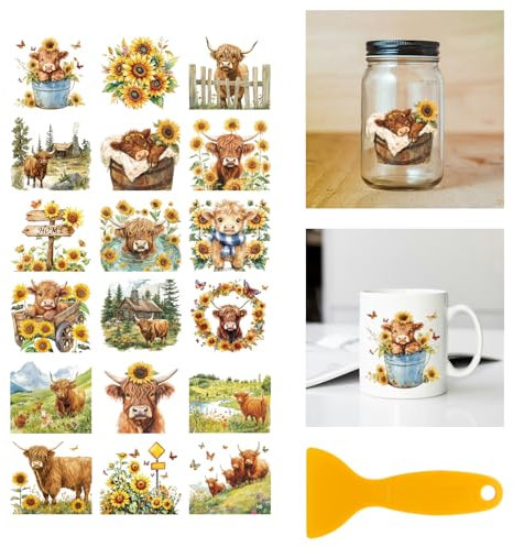 GLOBLELAND 18 Blatt Hochlandrinder Abziehbild 3.9x3.6Zoll Bunte Sonnenblumen Schmetterlinge Aufkleber Für Zuhause Blumen Tiere Insekten Tassen Abziehbilder Für Möbel Vasen Glas Kunsthandwerk