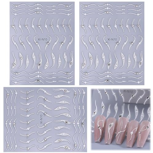 Französische Spitze Nagelsticker 3 Stück Nagelsticker,Nagelaufkleber,Nail Sticker,Selbstklebende Nagelsticker,mit Diamanten,Geeignet für Nail Art Design,Nail Art Zubehör,Nail Art Diy