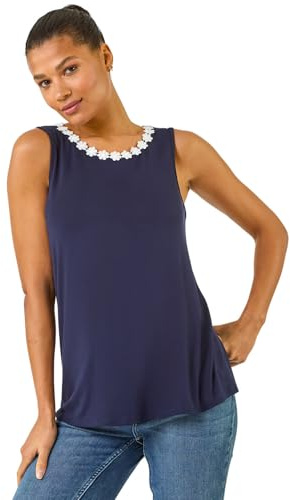 Roman Originals Daisy Neck Trim Vest Top for Women UK - Ladies Everyday Autumn Winter Round Neckline Comfy Soft Evening Vacation Work Party Night Out - Navy - Size 16
