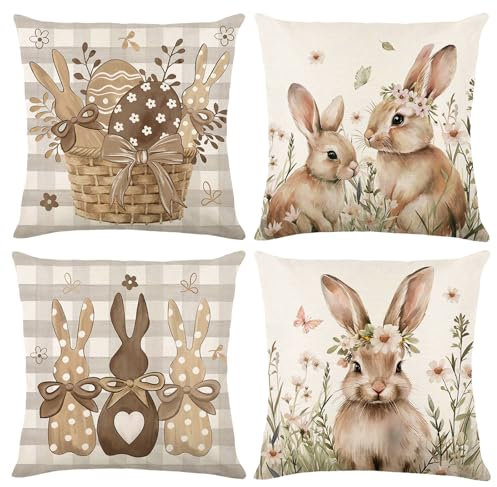 YEWCEP 4 Stück Ostern, Osterdeko Modern, Easter Decoration, 45 X 45 cm Kaninchen Blume Dekoration Kissenbezug Grün Dekoration Kissenbezug Sofa Schlafzimmer Wohnzimmer Garten Wohndekoration