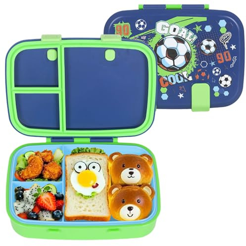 PinkSheep Loncheras Bento para niños, 800 ml, sin BPA, a prueba de fugas, recipientes de comida para niños con 3 compartimentos (fútbol)