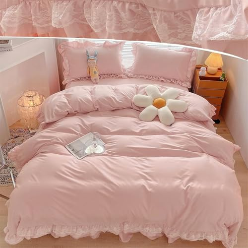 3 Pieces Pink Ruffle Duvet Cover Set for Girls Women Lace Bedding Set with 2 Pillowcases Soft Microfiber Duvet Cover Double 200 x 200 cm