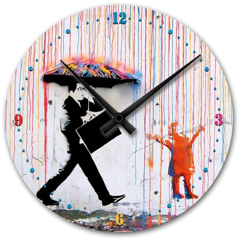 Giallobus - Linienuhr Basic - Banksy - Regen der Farben - MDF-Holz - Basic 30x30 - Leiser Mechanismus – fertig zum Aufhängen – Moderne