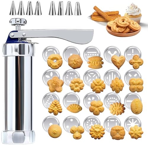 Gebäckpresse für Spritzgebäck Edelstahl Spritzgebäck Presse mit 20 Schablonen und 8 Edelstahl Tüllen, Gebäckpresse, Gebäckspritze, Kekspresse,Teigspritze, Plätzchenpresse, Edelstahl Gebäckpresse