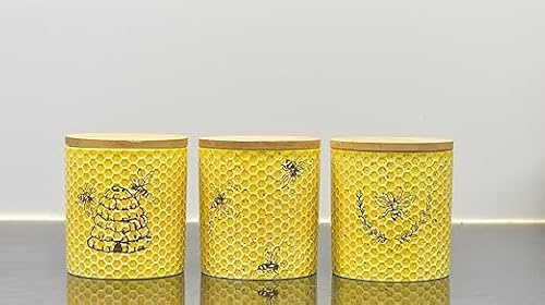 DEENZ Set Of 3 Ceramic Love Bee Print Canister Airtight Seal Wood Lid Storage Container Honeycomb Texture Tea, Coffee, Sugar, Flour, Salt Kitchen Countertop Cabinet Decor Jar 16 X 12 Cm (YELLOW)