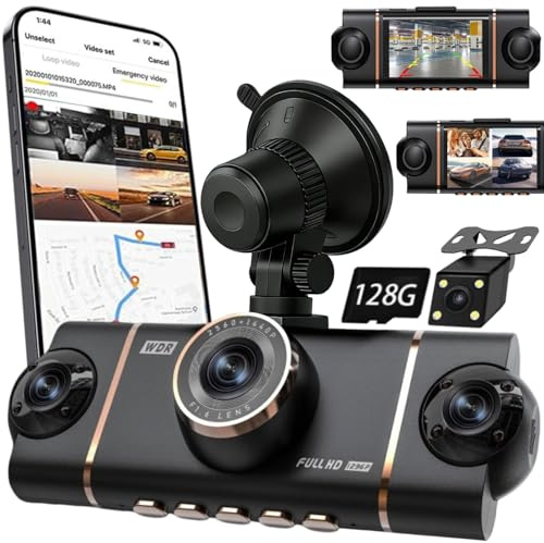 4 Channel Dash Cam Front and Rear Camera System with Wires, 128G Front View Dash Cam w/Cable, Dash Cam 1080p Full View Car Dashcam System,Built-in G Sensor App Control Adjustable Lenses Night Vision