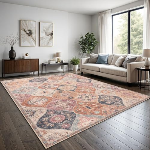 TT Home Boho Vintage Teppich Wohnzimmer Kurzflor - Retro Design, rutschfest & pflegeleicht, modern für Esszimmer & Flur Waschbar, Farbe:Mehrfarbig, Größe:120x160 cm