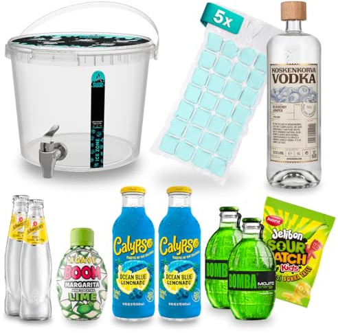 Fertiger Cocktail mit Alkohol – Blueberry Mojito | Cocktail Set mit Getränkespender zum Einschenken | Party Set | ca.13,6% Vol. | Plug'N'Pour