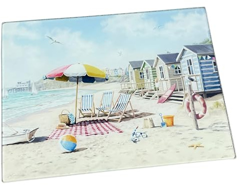 40cm x 30cm Tempered Heat Resistant Glass Worktop Saver Food Chopping Board - Nautical Beach Setting Design