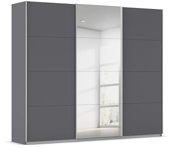 Rauch Möbel KULMBACH, Schwebetürenschrank, Grau metallic, Breite 271 cm | Kleiderschrank mit Schwebetüren, Schiebetüren, 3-türig, mit Spiegel, Zubehör Premium, Schlafzimmer, Jugendzimmer, Garderobe
