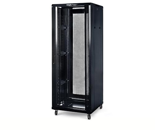 Mach Power Armadio Rack 42U 600x600x2000mm con 2 Ventole, 4 Ruote, 4 Montanti, Laterali Removibili, Vetro Temperato, Nero per Server e Data Center (AR-4266FB) (42 unità / 600 profondità)