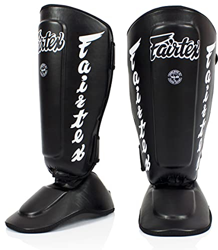 Fairtex SP7 Muay Thai Schienbeinschützer für Herren, Damen, Kinder | aus Syntek-Leder und hochwertig, leicht und langlebig | Abnehmbarer Schienbein- und Fußschutz(Large-Schwarz)