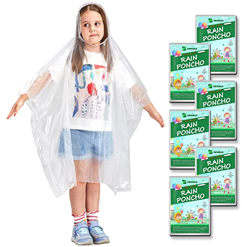 SWOGAA Disposable Rain Ponchos for Kids (6 Pack) -50% Extra Thicker Men or Women Waterproof Emergency Rain Ponchos with Hood - Clear Kids