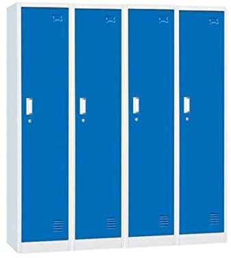 4 x Single Door Metal Storage Lockers, Blue & Grey Steel Lockable Unit, Staff Gym School Changing 1850mm H x 380mm W x 450mm D