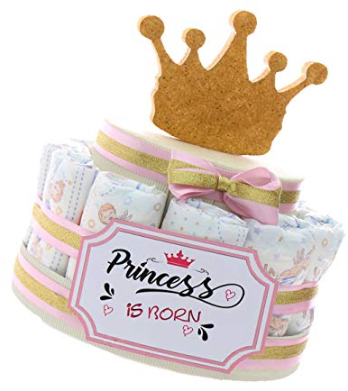 Torta Pannolini Prima Infanzia Corona da Principessa Bimba, Idea Regalo Originale Nascita Neonata (Torta da 15 Pannolini)