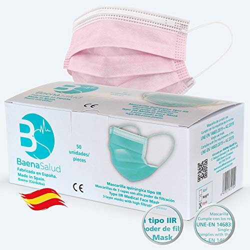BAENA SALUD 50 Mascherine chirurgiche, igieniche, usa e getta, Tipo IIR, in rosa, filtrazione (BFE) 98%