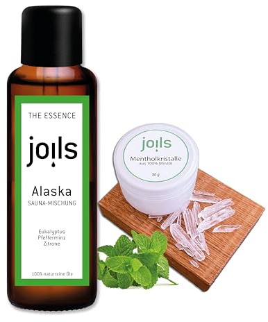 JOILS Sauna-Menthol-Kristalle-Set ALASKA, naturrein, 100ml & 50g, 100% naturreines Öl für Ihre Sauna, Saunaöl naturrein ätherisch und biologisch, Kristalle aus Menthol
