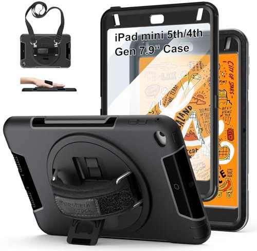 Case for iPad Mini 5/4: Shockproof TPU Cover for iPad Mini 5th/4th Generation 7.9 Inch 2019/2015 with- Screen Protector- Stand- Handle- Shoulder Strap- Pencil Holder- Black