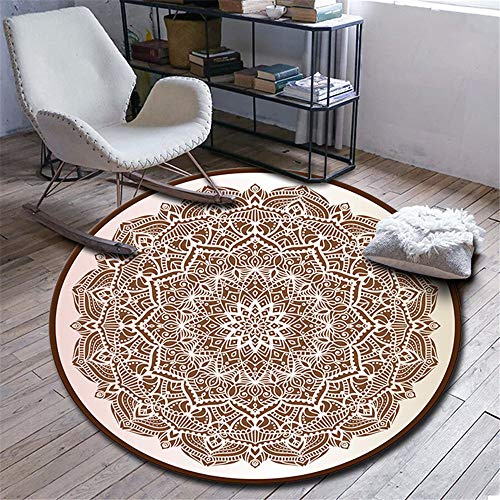 Morbuy Runder Teppich Innenbereich, Mandala Drucken Flur Teppich Polyester Wohnzimmer Fussabstreifer rutschfest und Waschbar Praktische Fußabtreter (120cm,Braunes Mandala)