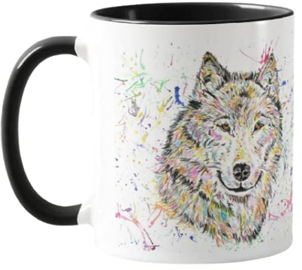 Vixar Tasse colorée Loup Aquarelle Arc-en-ciel Art Tasse Cadeau Anniversaire Travail Bureau Noël Thé Café (Noir)