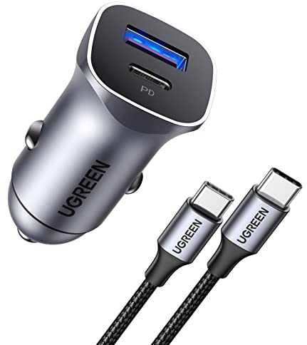 UGREEN 30W USB C Car Charger with 60W USB C Cable PD&QC3.0 Fast Charge Adapter Compatible with iPhone 16/16 Plus/16 Pro/16 Pro Max/15/14, Galaxy S24/S23/S22, Mi 11 Note 10, Pixel 7/6, iPad, Sat Nav