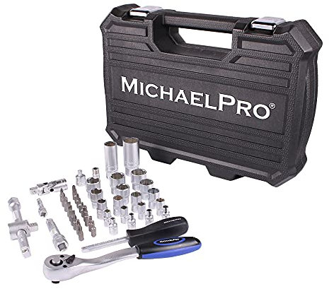 MichaelPro MP005012 47-Piece 1/4 & 3/8 Inch Dr. 72T Ratchet Wrench Socket Set, Wobble Extension Rod with Hexagonal, Universal Joint, Twist Handle, with Adapter and Storage Case, Made in Taiwan