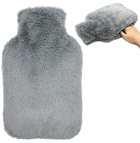 OWOZOI Wärmflasche, Flauschig - Kuschelweichem Fell Bezug mit Kängurutasche für Hände, 2L Groß Füllmenge Gummi Wärmeflasche, Bettflasche für Erwachsene, Frauen Geschenk, Handwärmer, Grau