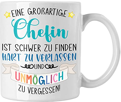 Trendation - Chefin Abschied Abschiedsgeschenk Chefinnen Tasse mit Spruch Grossartige Chefin Geschenkidee (Weiß)