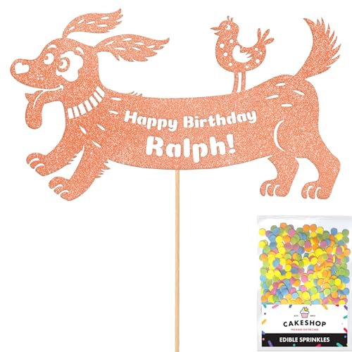 Personalised Birthday Dog Puppy Glitter Cake Topper- Rose Gold Any Name & Age Glitter Cake Decoration and Sprinkles - Happy Birthday Decorations - Personalised Toppers for Cakes by Cakeshop