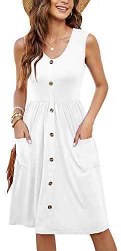 MOLERANI Robe boutonnée pour Femme décontractée d'été légère col en V sans Manches avec Poche (Blanc, S)