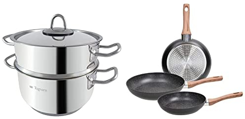 Tognana Set Vaporiera, Acciaio Inossidabile, Argento, 3 unità & Set 3 padelle 20-24-28 cm, Alluminio, Anche a Induzione, Nero