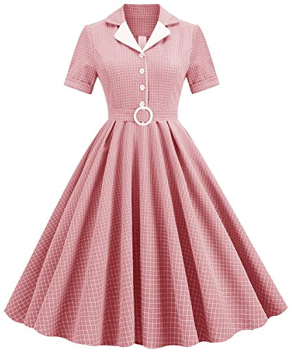 Robe Vintage Années 50 Pin Up Femme Annee 50 60 Hepburn Rockabilly Style Champetre Évasée Manche Courte Col Claudine Guinguette D'été Mariage Cocktail Tenue de Soirée Grande Taille Rose Plaid L