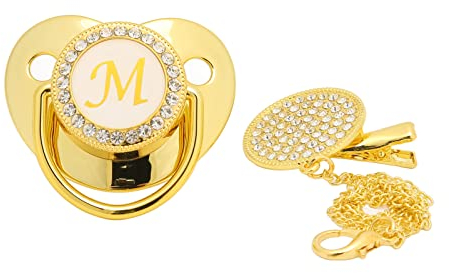 Baby-Schnuller, Gebogenes Design 26-Buchstaben-Schnuller mit Clips Goldener Baby-Schnuller für 6 Bis 18 Monate Baby(M)