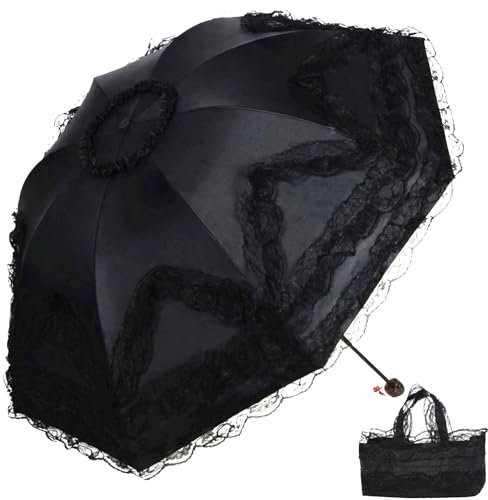 URAWESO Parasol gothique Lolita en dentelle avec protection UV pour sorcière, vampire, cosplay, fête de mariage (doublure imprimée fleur) Noir