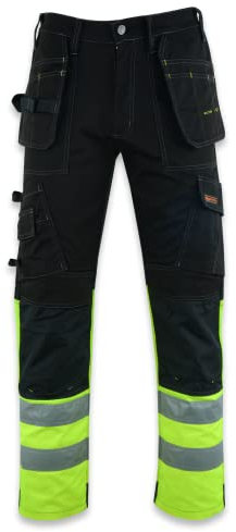 WrightFits Flash Pro Hi Vis Work Trousers for Men – Heavy Duty Combat Hi Vis Workwear with Knee Pad Pockets – Triple Stitched Work Trousers Men (30W X 31L) Yellow
