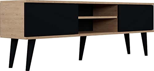 WFL GROUP TV-Schrank - Skandinavisch Fernsehtisch bis 70 Zoll - TV-Lowboard für Wohnzimmer 120 oder 160 cm - mit Holz Füße und 2 Türen - 160 cm - Eiche Artisan/Schwarz