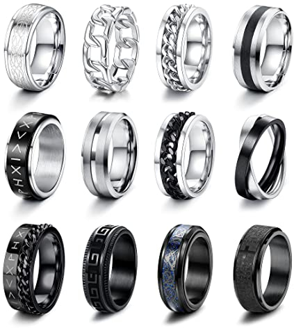 CASSIECA 12 Stück Edelstahl Ringe Herren Fidget Spinner Anti Angst Ringe Band Ketten Ringe Silber Schwarze Ehering Verlobungsringe Zappel Ring Geburtstag Geschenke für Herren Größe 54
