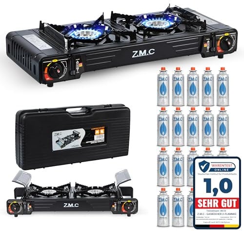 Z.M.C Premium Camping Gaskocher 2-flammig +20 Gaskartuschen 227g, Campingkocher mit Transportkoffer für Outdoor und Innenraum, Doppelgaskocher mit Piezozündung