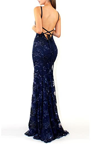 NLAVW Robe de soirée pour Femmes Rose Sexy col en V Profond Moulante Maille Fente Paillettes fête Bal Robe Formelle Robes Robes matures,Bleu,S