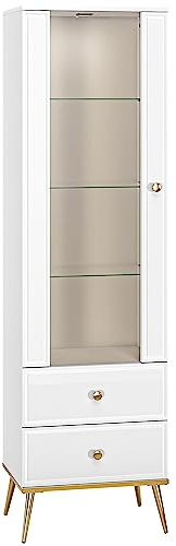 Marmex Meble Hoch Vitrine, Glamour-Stil, abschließbare, mit Schubladen, Glasvitrine + LED, regall mit Glas, Goldin 02, für Wohnzimmer