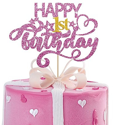 MINUET MINUTE Rosa Glitzer Happy 1st Birthday Cake Topper 1 Stück 6,3 x 3,5 Zoll Dessert Dekorieren Kuchen Topper Geburtstag Party Rosa mit Glitzer