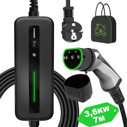 EIDYBOX Cavo Ricarica Auto Elettriche Tipo 2 Caricatore EV Portatile 3.68KW 10A/16A Commutabile 7M con Borsa, Stazione di Ricarica per EV e PHEV, Standard IEC 62196-2, Schuko 2 Pin